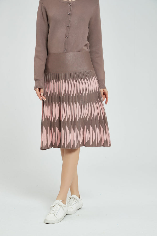 MM FLAT PLEATED  SKIRT - GEO TAUPE/PINK