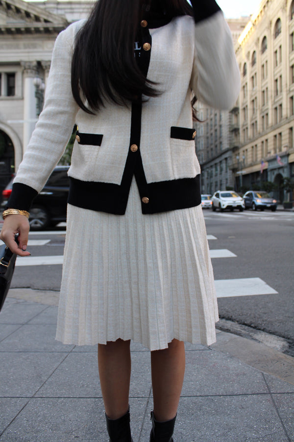 MM KNIT TWEED PLEATED SKIRT -  CREAM